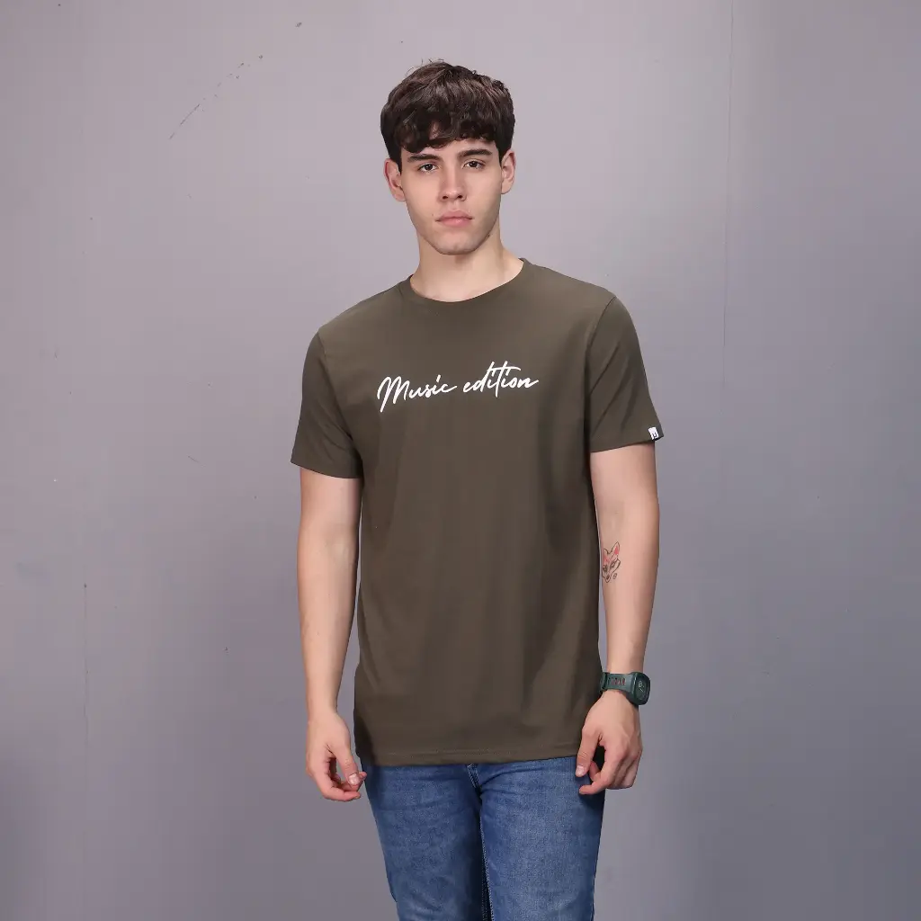 Urban Setters "Music Edition" Round Neck T-shirt | Stylish Guitar Print Olive Green Graphic Tee